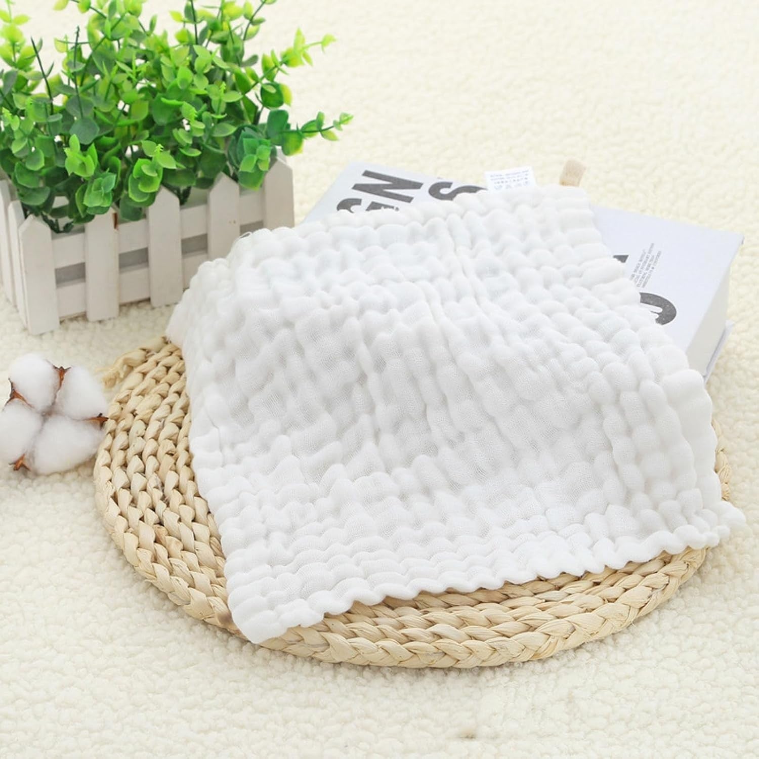 Prosop Absorbant Bebelusi, Tifon din Bumbac 100% cu 6 Straturi, Laveta Moale pentru Fata si Baitza, 30 x 30 cm, Alb
