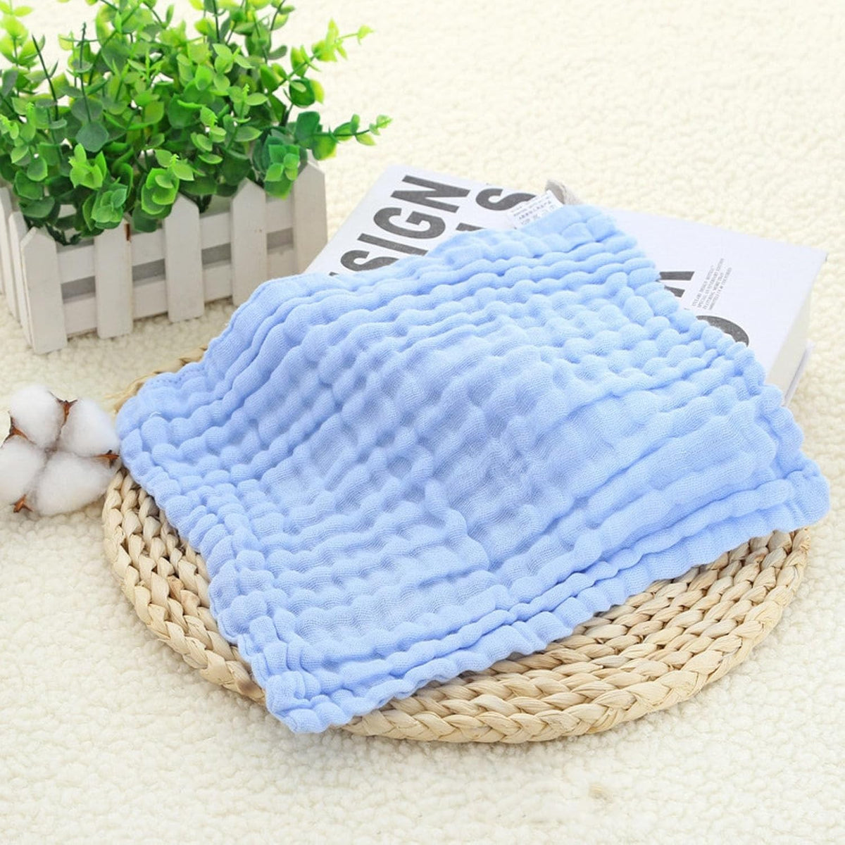 Prosop Bebelusi Absorbant, Tifon din Bumbac 100% Moale, 6 Straturi, Agatatoare Inclusa, 30 x 30 cm, Albastru