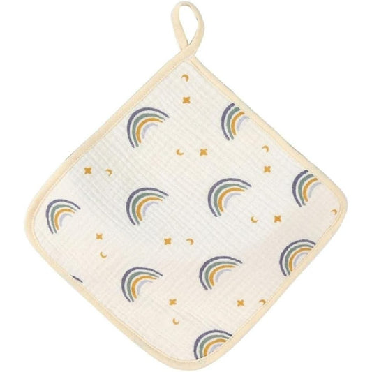 Prosop Bebelusi Absorbant, 6 Straturi Tifon Creponat, Bumbac 100% Moale, cu Agatatoare, Model Curcubeu, 25 x 25 cm, Bej