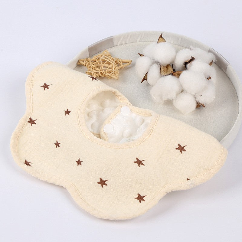 Baveta Tip Floare pentru Bebelusi, 8 Straturi Absorbante si Rezistenta la Apa, Bumbac 100%, Rotire 360 Grade cu Inchidere Capse, 0-12 Luni, 26 x 29 cm, Crem cu Stelute