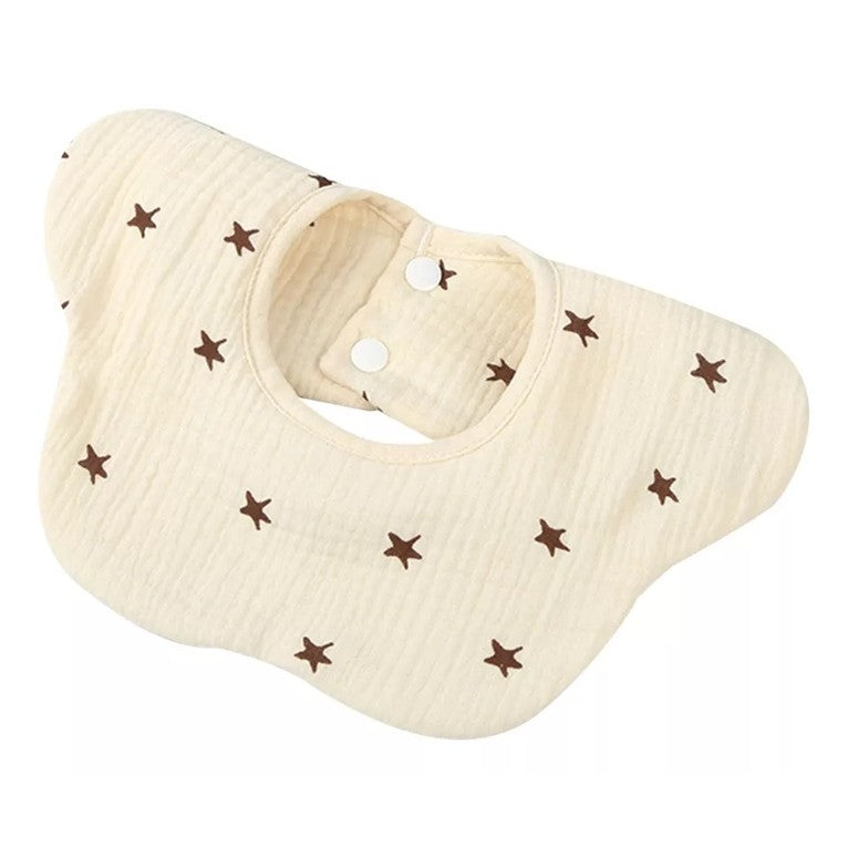 Baveta Tip Floare pentru Bebelusi, 8 Straturi Absorbante si Rezistenta la Apa, Bumbac 100%, Rotire 360 Grade cu Inchidere Capse, 0-12 Luni, 26 x 29 cm, Crem cu Stelute
