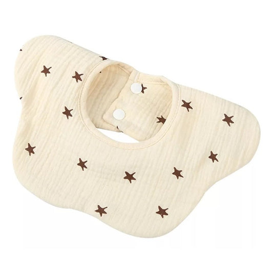 Baveta Tip Floare pentru Bebelusi, 8 Straturi Absorbante si Rezistenta la Apa, Bumbac 100%, Rotire 360 Grade cu Inchidere Capse, 0-12 Luni, 26 x 29 cm, Crem cu Stelute