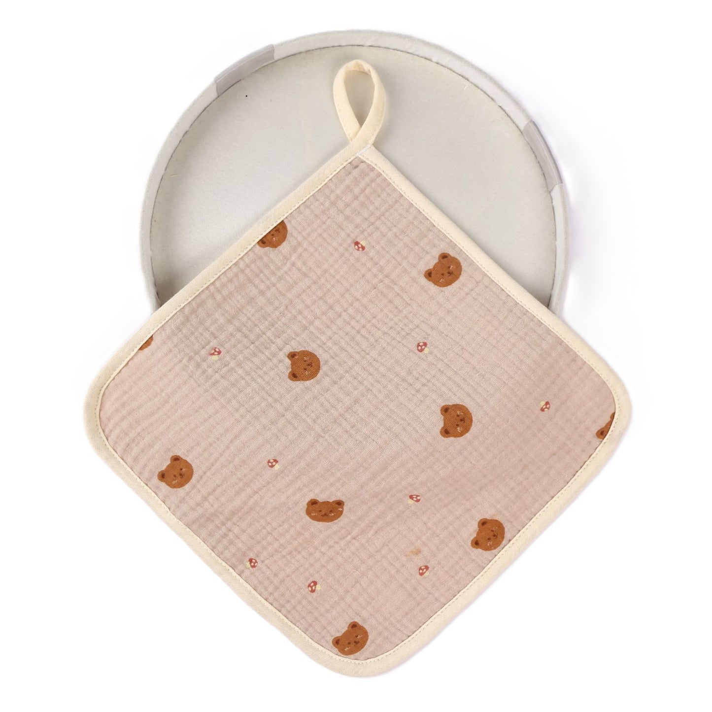 Prosop Absorbant Bebelusi, 6 Straturi Tifon Creponat, 100% Bumbac Moale cu Agatatoare, Model Ursuleti, Crem, 25 x 25 cm
