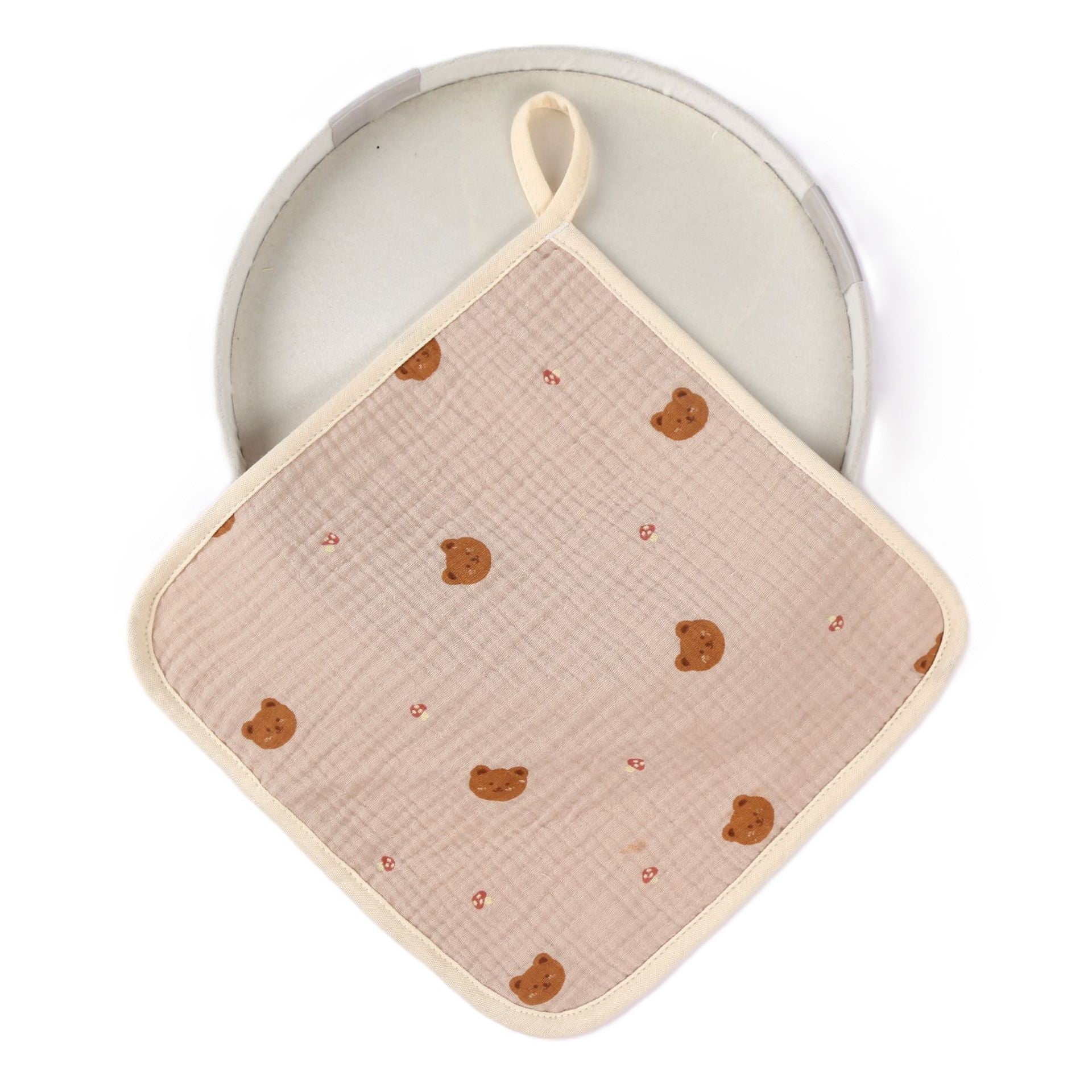 Prosop Absorbant Bebelusi, 6 Straturi Tifon Creponat, 100% Bumbac Moale cu Agatatoare, Model Ursuleti, Crem, 25 x 25 cm