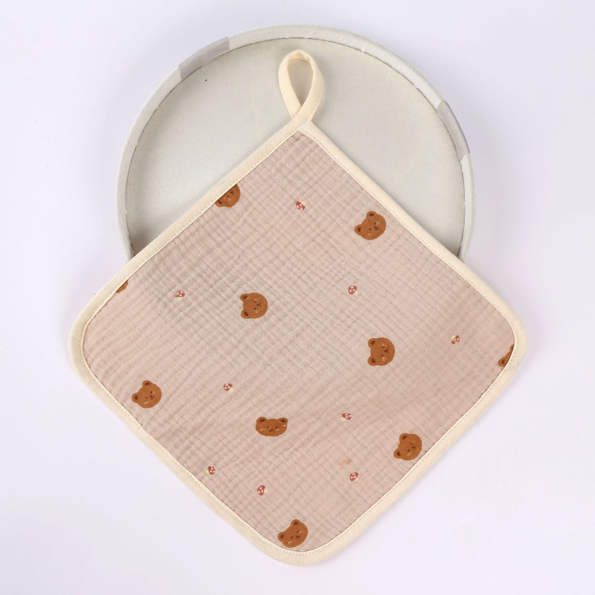 Prosop Absorbant Bebelusi, 6 Straturi Tifon Creponat, 100% Bumbac Moale cu Agatatoare, Model Ursuleti, Crem, 25 x 25 cm