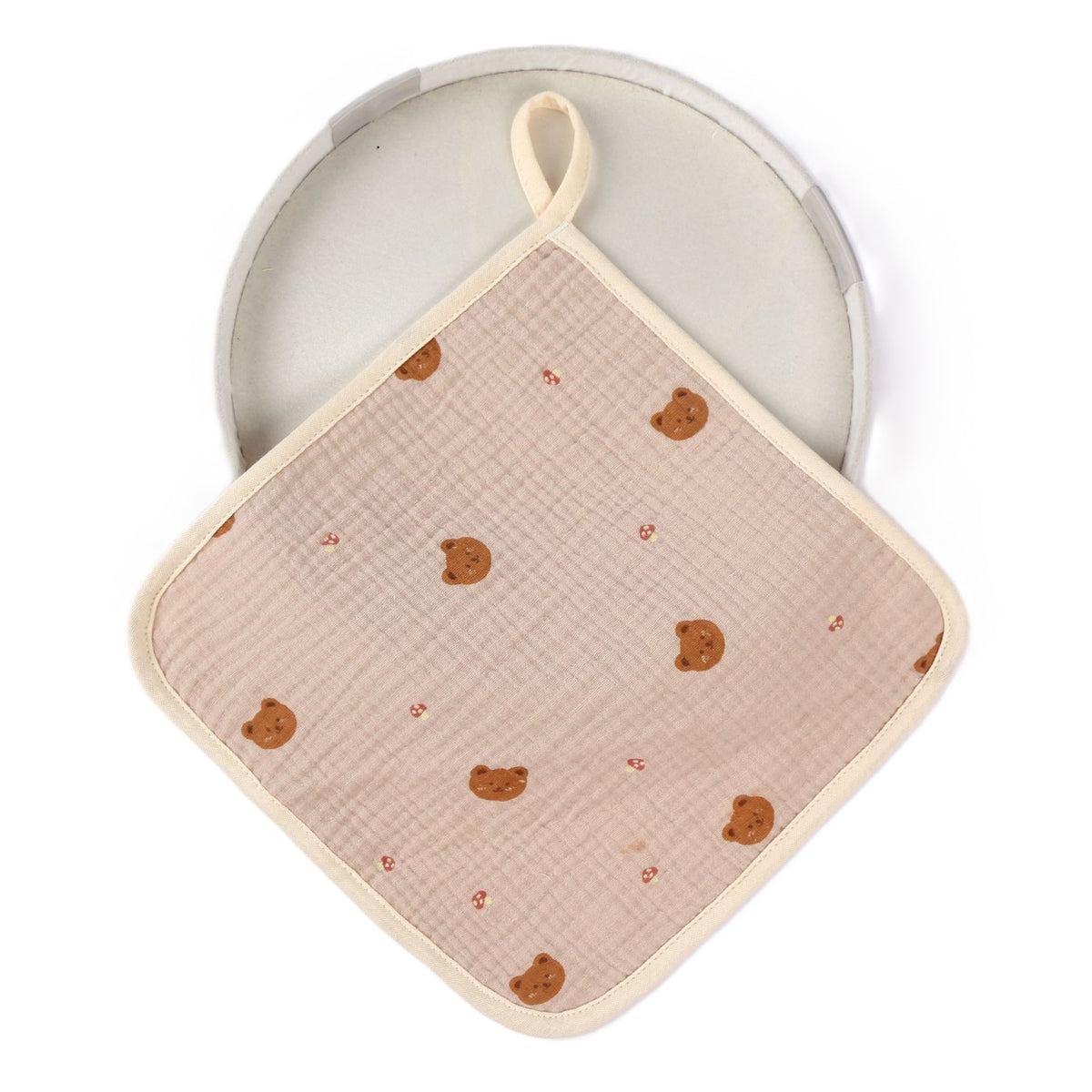 Prosop Absorbant Bebelusi, 6 Straturi Tifon Creponat, 100% Bumbac Moale cu Agatatoare, Model Ursuleti, Crem, 25 x 25 cm