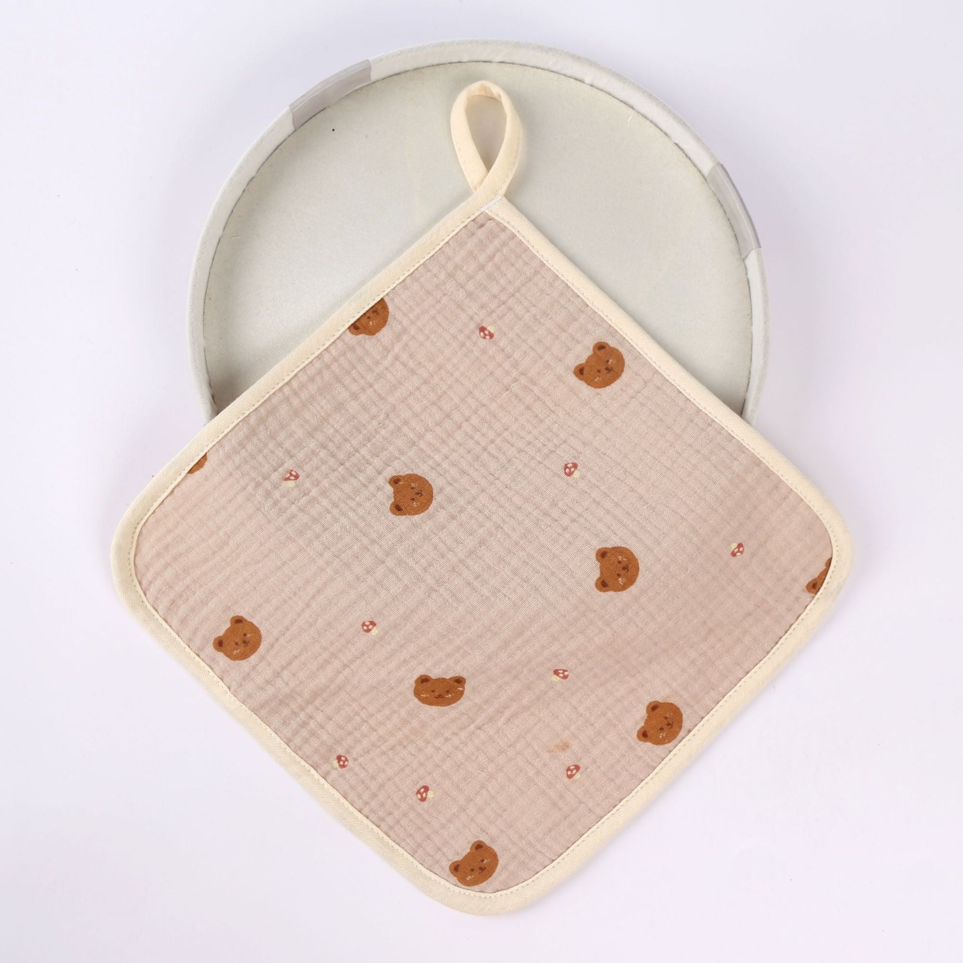Prosop Absorbant Bebelusi, 6 Straturi Tifon Creponat, 100% Bumbac Moale cu Agatatoare, Model Ursuleti, Crem, 25 x 25 cm
