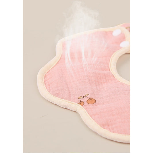 Baveta Tip Floare pentru Bebelusi, 8 Straturi Absorbante si Impermeabile, Rotire 360 Grade, Bumbac 100%, Inchidere cu Capse, 0-12 Luni, 26 x 29 cm, Roz cu Cirese