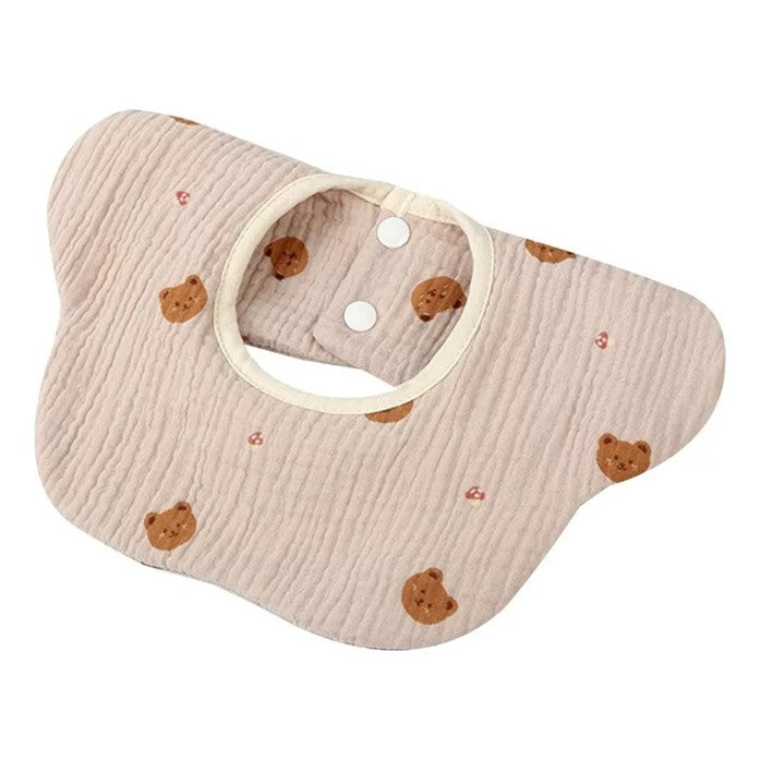 Baveta Tip Floare pentru Bebelusi 0-12 Luni, Impermeabila cu 8 Straturi Absorbante, Rotire 360 Grade si Inchidere cu Capse, Bumbac 100%, 26 x 29 cm, Crem cu Ursuleti