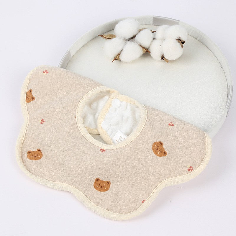 Baveta Tip Floare pentru Bebelusi 0-12 Luni, Impermeabila cu 8 Straturi Absorbante, Rotire 360 Grade si Inchidere cu Capse, Bumbac 100%, 26 x 29 cm, Crem cu Ursuleti