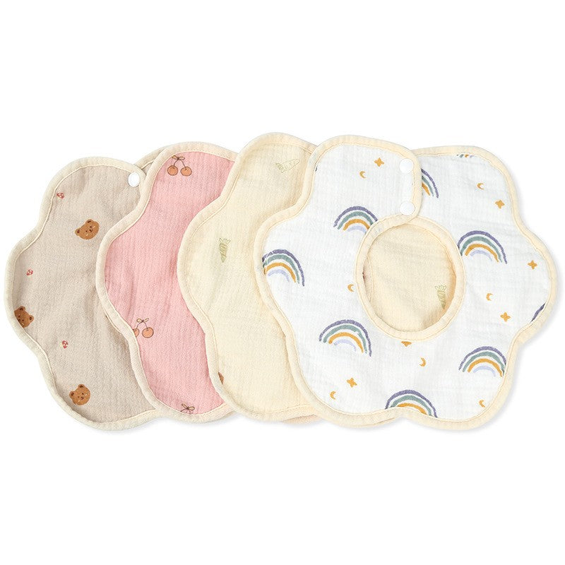 Baveta Tip Floare pentru Bebelusi 0-12 Luni, Impermeabila cu 8 Straturi Absorbante, Rotire 360 Grade si Inchidere cu Capse, Bumbac 100%, 26 x 29 cm, Crem cu Ursuleti