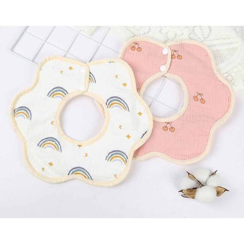 Baveta Tip Floare pentru Bebelusi, 8 Straturi Absorbante, Protectie Impermeabila cu Rotire 360 Grade, Bumbac 100%, Inchidere cu Capse, 0-12 Luni, 26 x 29 cm, Model Curcubeu, Alb