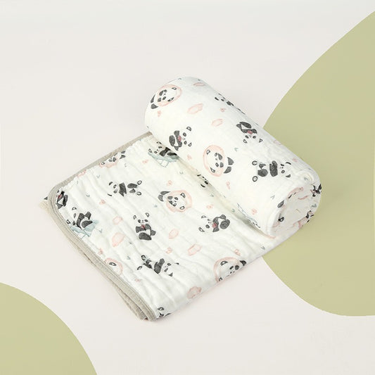 Prosop Baie Bebelusi din Tifon de Bumbac, Patura Absorbanta cu 6 Straturi, Muselina Moale pentru Copii, 110x110 cm, Model Panda, Bej Verde