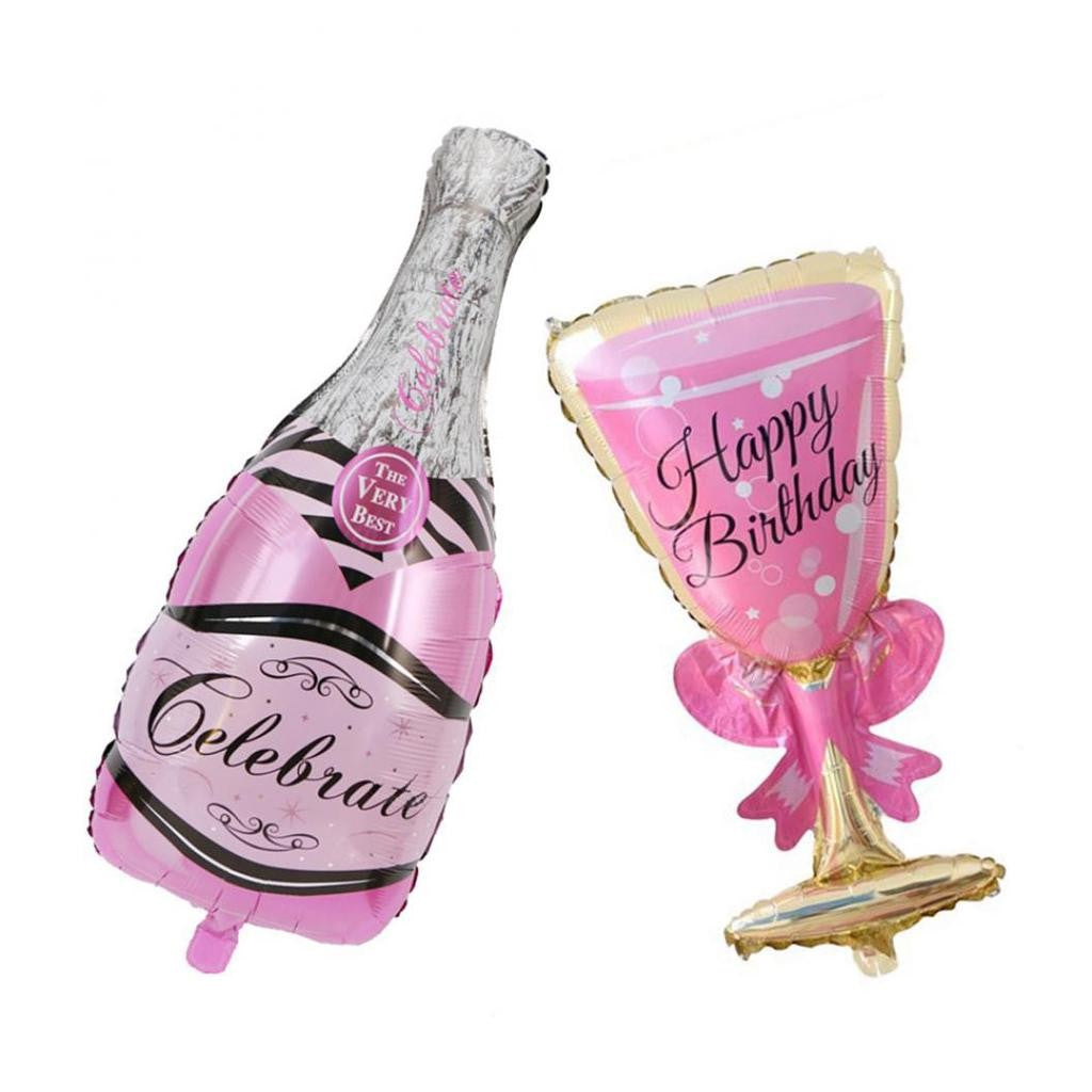 Set 2 Baloane Aniversare Happy Birthday, Model Sticla de Sampanie si Pahar, Folie de Aluminiu, Reutilizabile, Roz, Sticla 108 x 50 cm, Pahar 93 x 48 cm