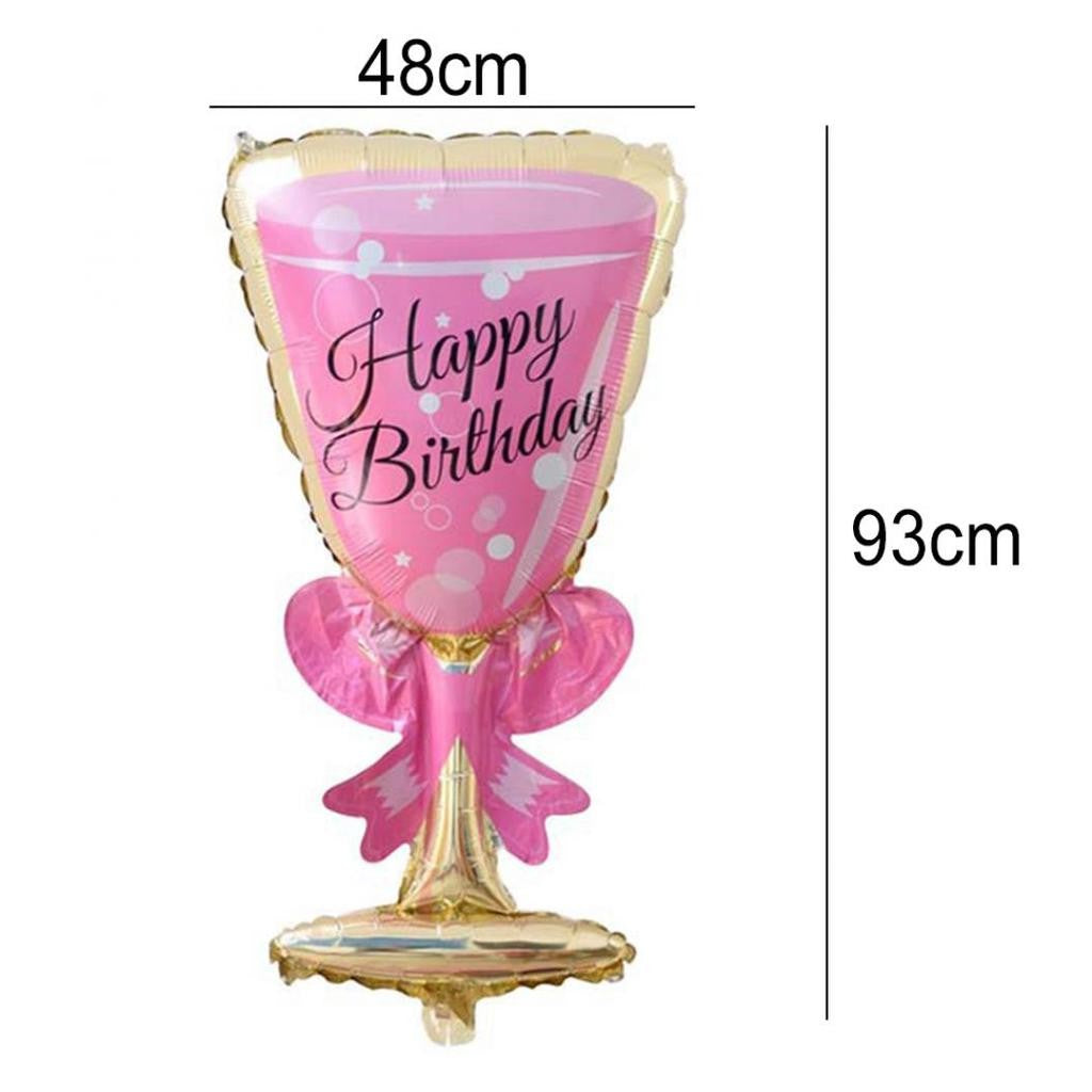 Set 2 Baloane Aniversare Happy Birthday, Model Sticla de Sampanie si Pahar, Folie de Aluminiu, Reutilizabile, Roz, Sticla 108 x 50 cm, Pahar 93 x 48 cm