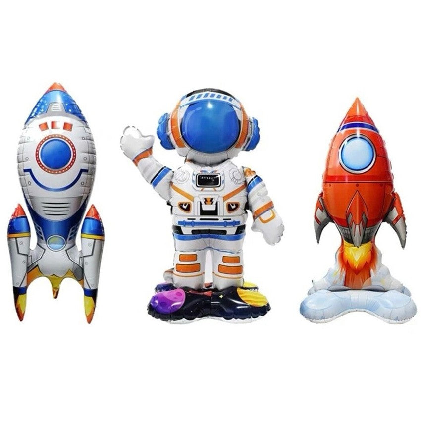 Set 3 Baloane Din Folie Metalizată, Tematică Spațiu Cosmic Cu Astronaut Și Rachete, Decor Petrecere Băieți, Include Pai Carton, Multicolor, 3 Bucăți