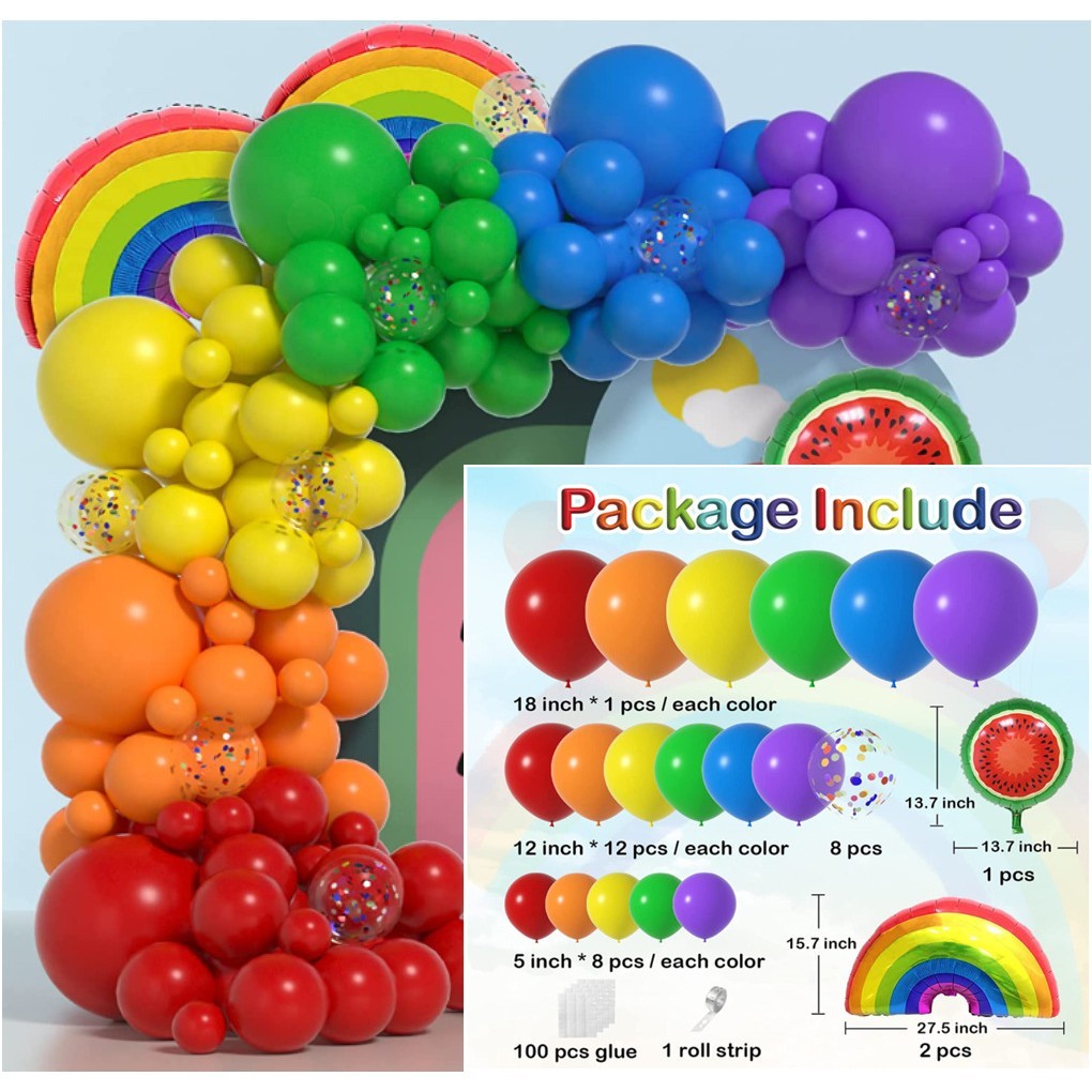 Set 107 Baloane Decorative pentru Arcada, Kit Complet Aniversare si Evenimente, Model Curcubeu, Material Latex, Multicolor