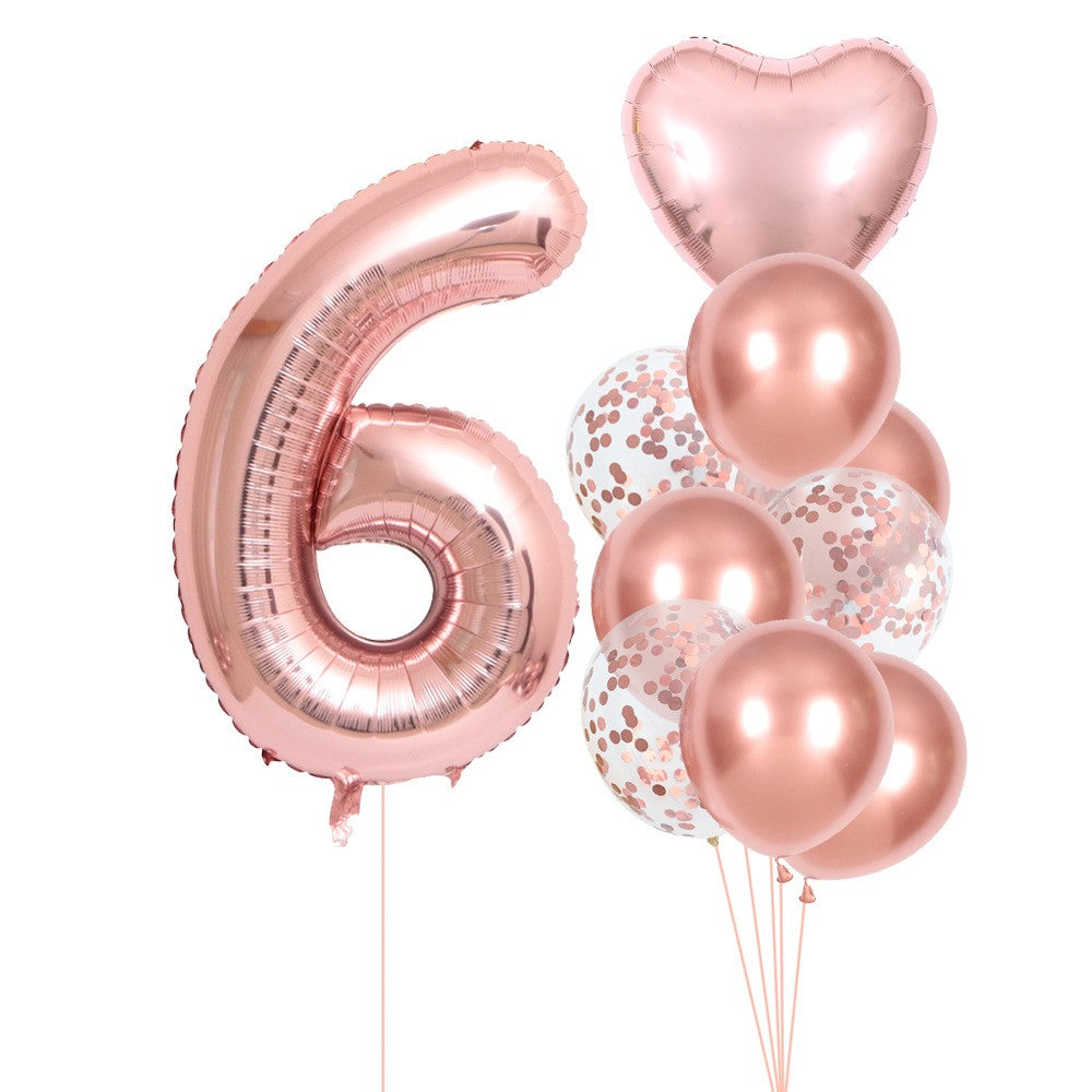 Set 10 Baloane Aniversare, Cifra 6 de 81 cm si Figurina Inima 45 cm, Folie Aluminiu si Latex, Roz Pal