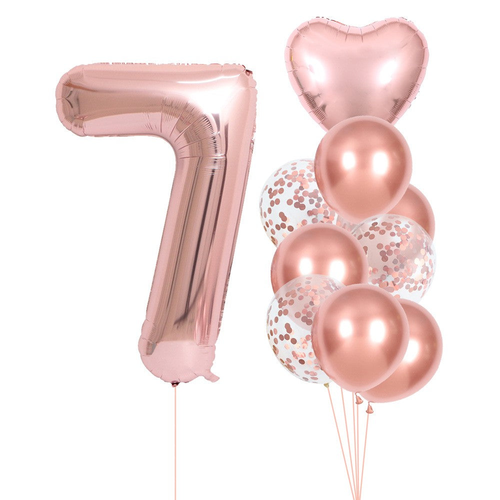 Set 10 Baloane Aniversare cu Cifra 7, Balon Inimioara Folie 45 cm si 8 Baloane Latex 25 cm, Umflare Aer sau Heliu, Roz Pal