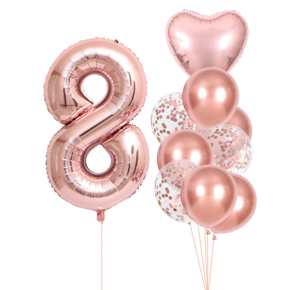 Set 10 Baloane Aniversare, Cifra 8 Gigant 81 cm si Inima Folie, Latex si Aluminiu, Umflare Aer sau Heliu, Roz Pal
