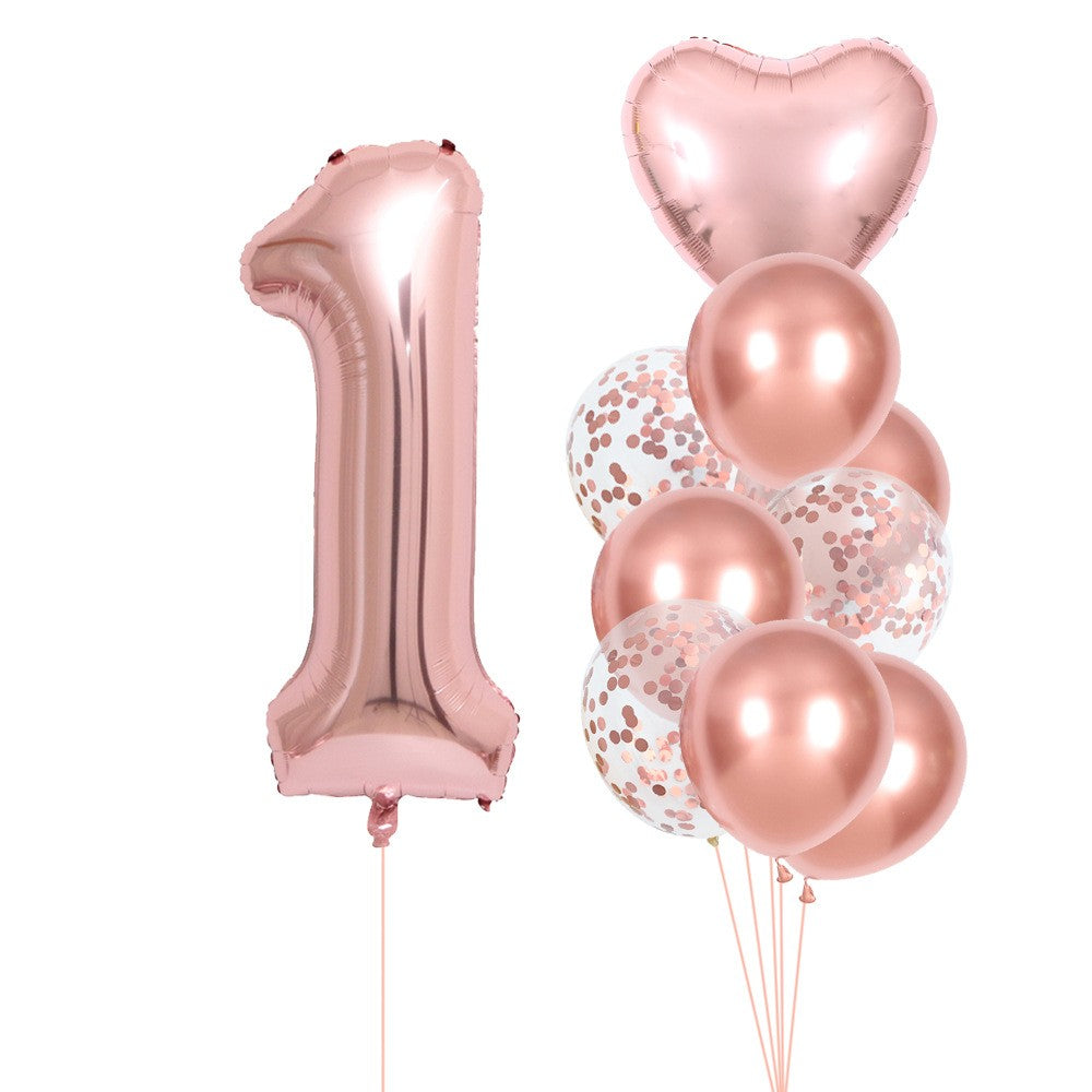 Set 10 Baloane Aniversare 1 An, Cifra 81 cm, Figurina Inima 45 cm, Latex si Folie Aluminiu, Roz Perlat, 12 Piese cu Pai Inclus