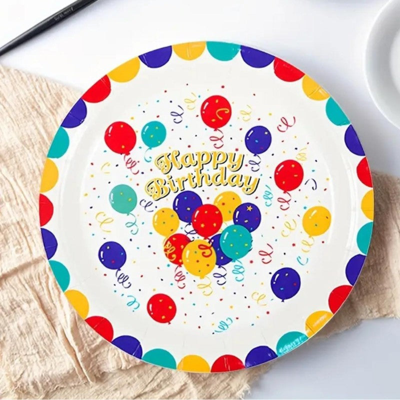 Set 10 Farfurii de Unica Folosinta, Model Happy Birthday pentru Aniversari, Carton Rezistent, Diametru 18 cm, Multicolor