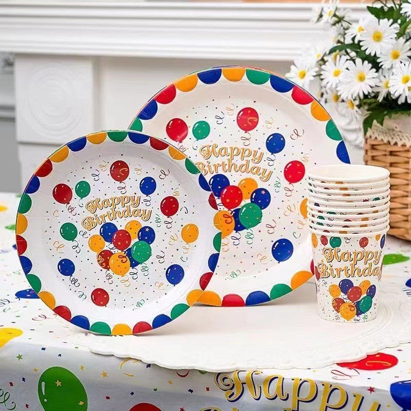 Farfurii de Unica Folosinta pentru Petrecere, Model Happy Birthday, Carton Rezistent, 23 cm, Multicolor, Set 10 Bucati