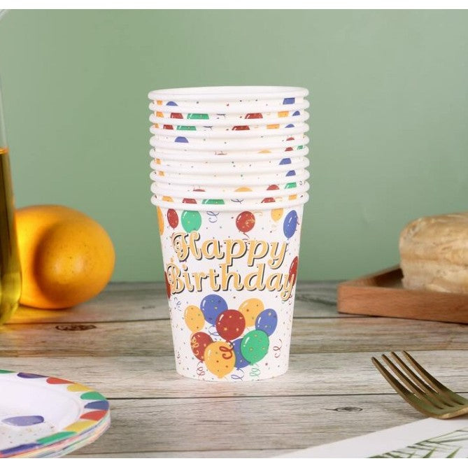 Set 10 Pahare Carton Petrecere, Design Happy Birthday și Baloane, Pahare Unică Folosință Aniversare, Multicolor, 250 ml, Set 10 Bucăți