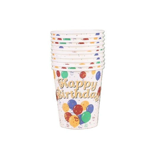 Set 10 Pahare Carton Petrecere, Design Happy Birthday și Baloane, Pahare Unică Folosință Aniversare, Multicolor, 250 ml, Set 10 Bucăți