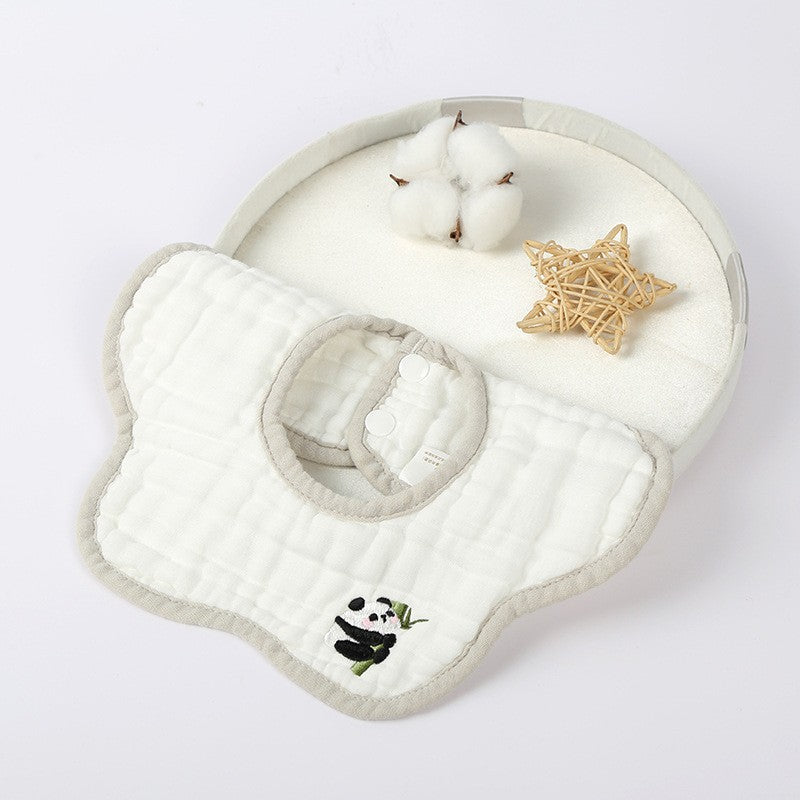 Baveta Bebe Tip Floare, Rotire 360 Grade, Impermeabila cu 8 Straturi Absorbante, Bumbac 100%, Model Tricotat cu Panda, 0-12 Luni, 26 x 29 cm, Alb