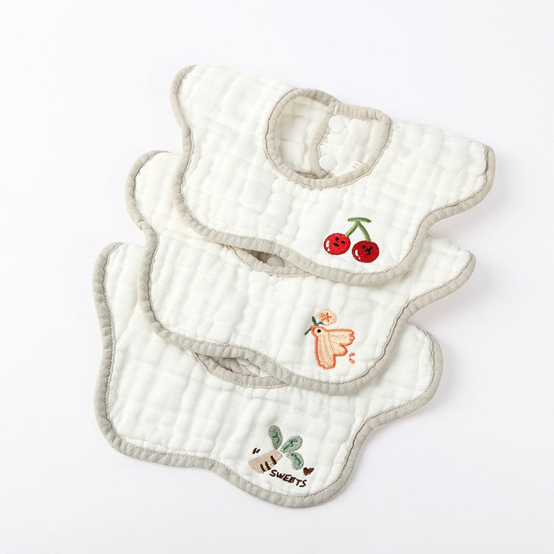 Baveta Tip Floare pentru Bebelusi, Protectie Rezistenta la Apa, 8 Straturi Absorbante, Bumbac 100%, Model Tricotat cu Panda, Inchidere Capse, 0-12 Luni, 26 x 29 cm, Alb
