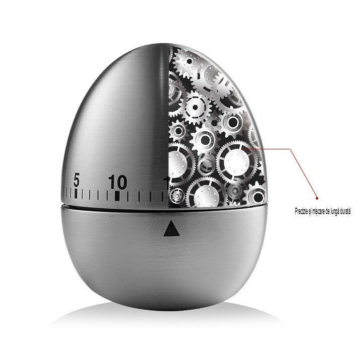 Cronometru de Bucatarie Mecanic, Temporizator 60 Minute cu Alarma Sonora, Forma de Ou, Otel Inoxidabil, 8 x 6 cm, Argintiu