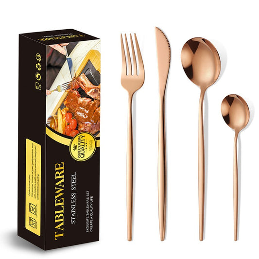 Set Tacamuri Portugheze, Serviciu Masa 24 Piese pentru 6 Persoane, Design Modern, Otel Inoxidabil, 6 Cutite, 6 Furculite, 6 Linguri, 6 Lingurite, Gold