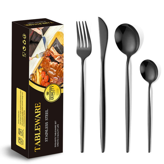 Set Tacamuri Portugheze, Serviciu Masa 24 Piese, Design Modern, Otel Inoxidabil, 6 Persoane, Cutite, Furculite, Linguri si Lingurite, Negru Cosmic