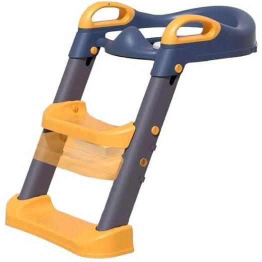 Reductor WC Si Scaunel Inaltator Pentru Copii 1-7 Ani, 2 Trepte Reglabile, Pliabil Cu Spatar Si Manere, Colac Moale PVC, Plastic, 58 x 39.5 x 35 cm, Albastru/Portocaliu