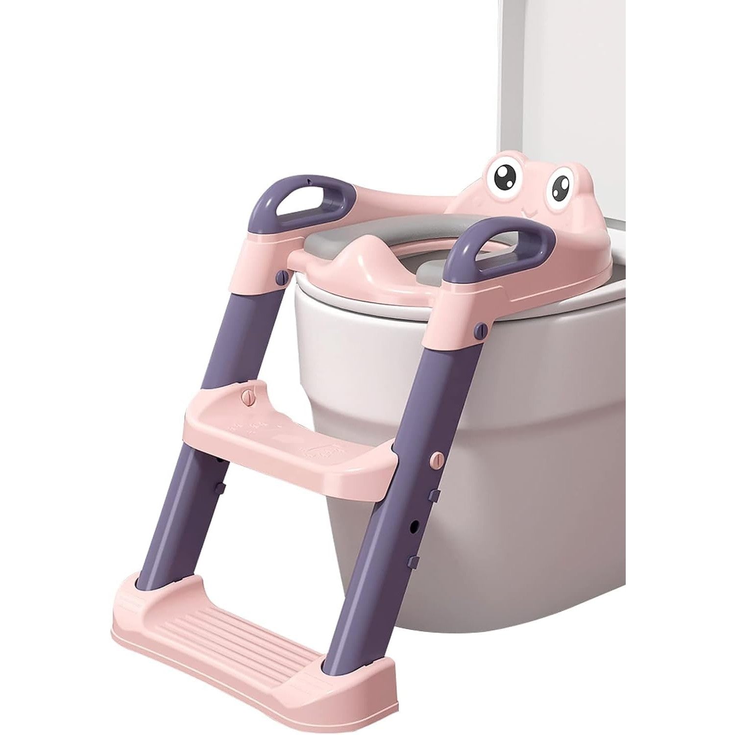 Reductor WC cu Scara pentru Copii, Scaunel Inaltator Toaleta Pliabil, 2 Trepte Reglabile, Colac Moale PVC, Spatar si Manere, 1-7 Ani, Plastic, Roz/Mov