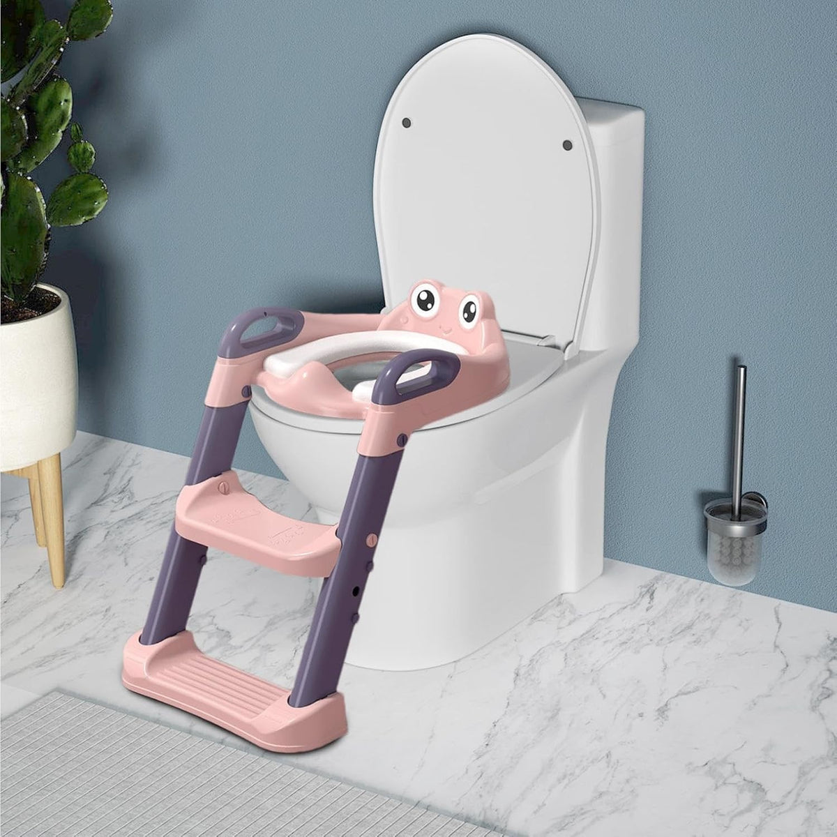 Reductor WC cu Scara pentru Copii, Scaunel Inaltator Toaleta Pliabil, 2 Trepte Reglabile, Colac Moale PVC, Spatar si Manere, 1-7 Ani, Plastic, Roz/Mov