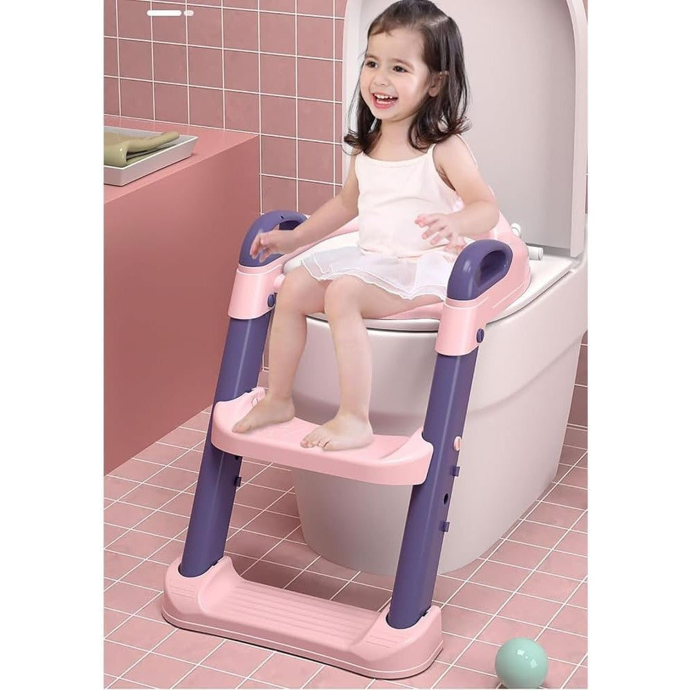Reductor WC cu Scara pentru Copii, Scaunel Inaltator Toaleta Pliabil, 2 Trepte Reglabile, Colac Moale PVC, Spatar si Manere, 1-7 Ani, Plastic, Roz/Mov