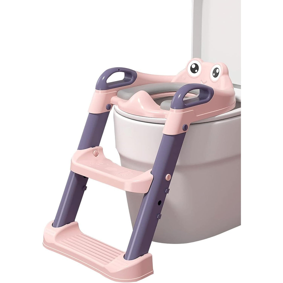 Reductor WC cu Scara pentru Copii, Scaunel Inaltator Toaleta Pliabil, 2 Trepte Reglabile, Colac Moale PVC, Spatar si Manere, 1-7 Ani, Plastic, Roz/Mov