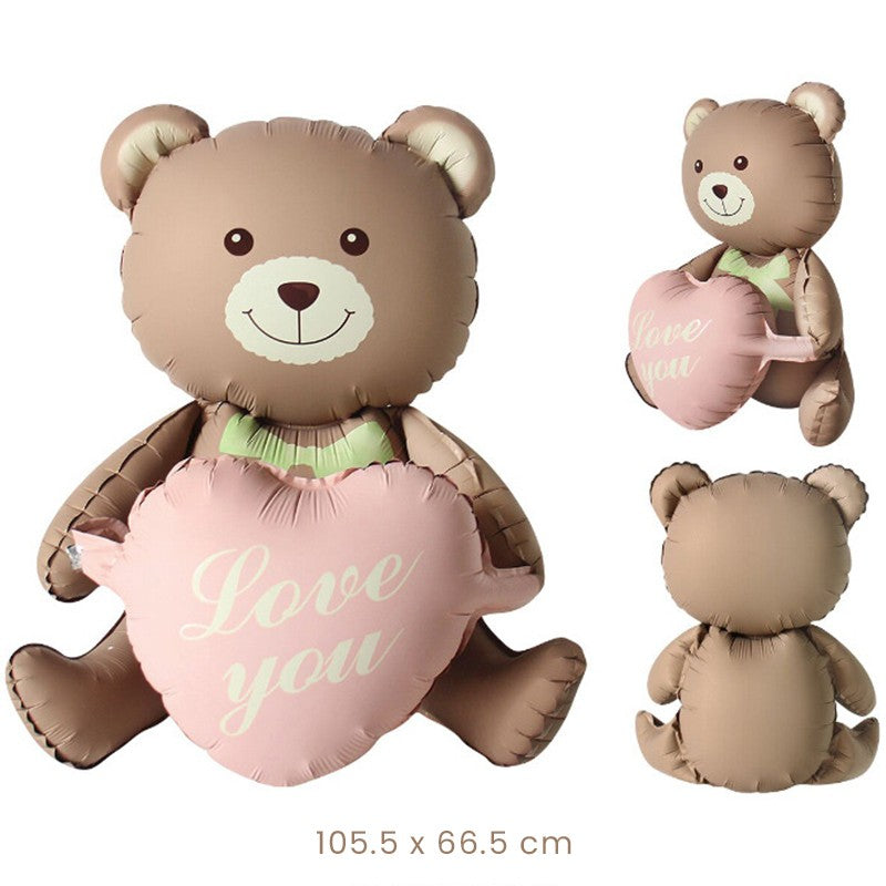 Balon Figurina Ursulet cu Inimioare, Decoratiune Petrecere Animata, Folie Metalizata, Umflare Aer sau Heliu, Pai Inclus, 105.5 x 66.5 cm, Maro