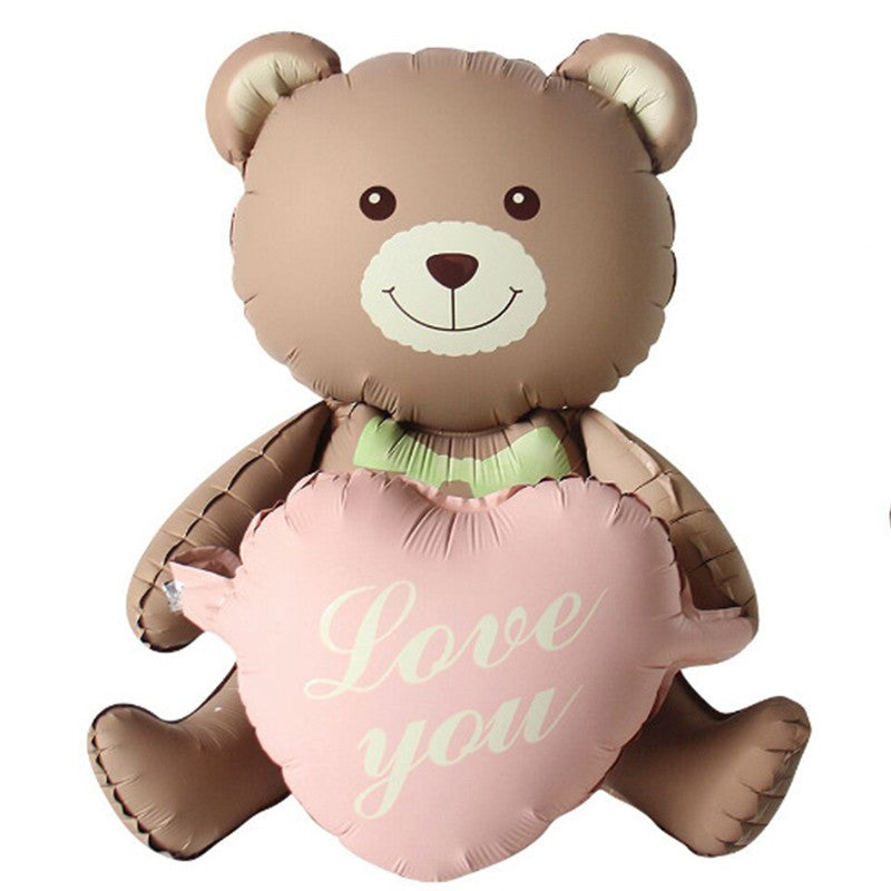 Balon Figurina Ursulet cu Inimioare, Decoratiune Petrecere Animata, Folie Metalizata, Umflare Aer sau Heliu, Pai Inclus, 105.5 x 66.5 cm, Maro