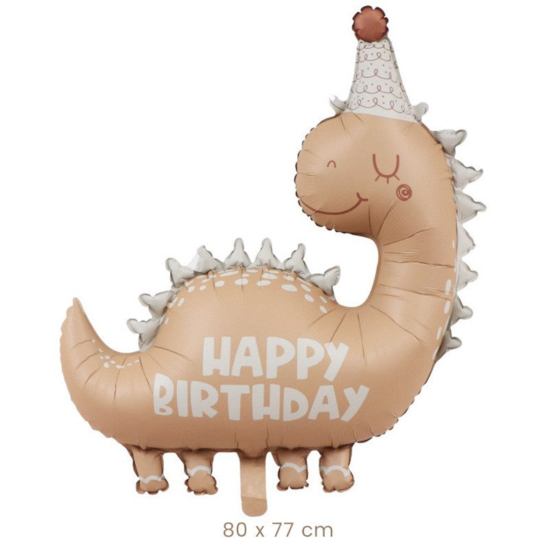 Balon din Folie Metalizata, Figurina Dinozaur Happy Birthday, Animatie 3D, Umflare Aer sau Heliu, Maro, 80 x 77 cm