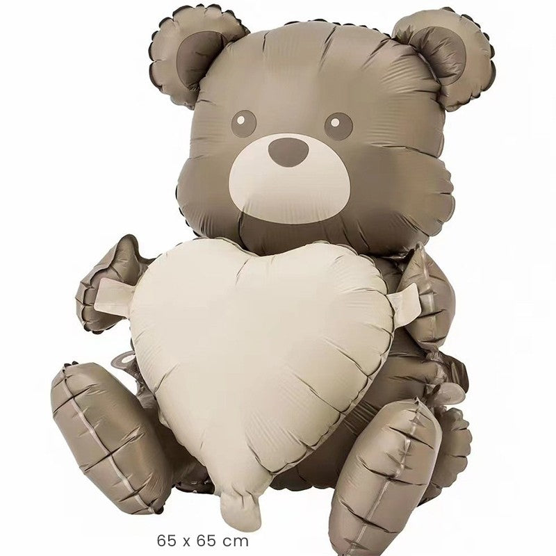 Balon din Folie Metalizata, Figurina Ursulet cu Inima, Umflare Aer sau Heliu, Include Pai, Maro Bronz, 65 x 65 cm