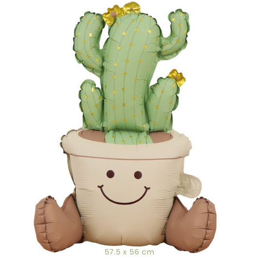 Balon din Folie Metalizata Cactus in Ghiveci, Figurina Animata pentru Petrecere, Umflare Aer sau Heliu, Include Pai, 57.5 x 56 cm, Verde