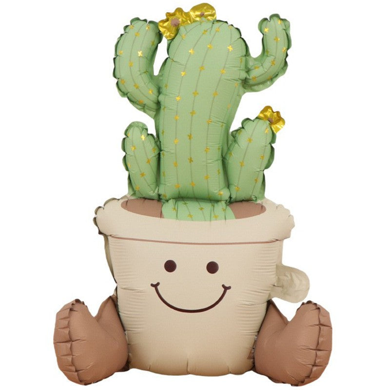 Balon din Folie Metalizata Cactus in Ghiveci, Figurina Animata pentru Petrecere, Umflare Aer sau Heliu, Include Pai, 57.5 x 56 cm, Verde