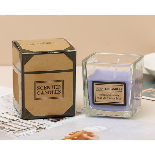 Lumanare Parfumata din Ceara Vegetala cu Uleiuri Esentiale, Sigura pentru Gravide si Sugari, Pahar Sticla Transparenta, 4.8 x 5.4 x 5.5 cm, Aroma Lavanda, Mov