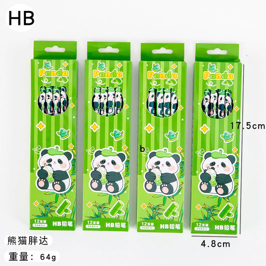 Set 12 Creioane Grafit 2B cu Radieră, Creioane Negre pentru Școală și Desen, Model Panda, Lemn, Verde, 12 Bucăți