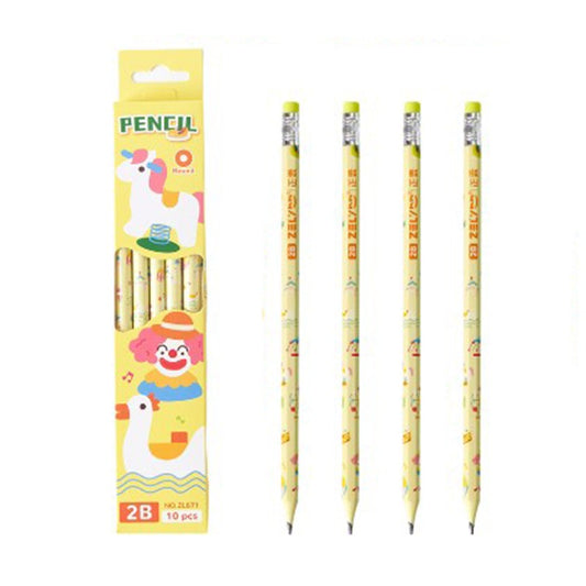Set 10 Creioane Grafit 2B cu Radiera, Creioane pentru Scoala si Desen, Corp Lemn, Model Galben cu Circ, 10 Bucati