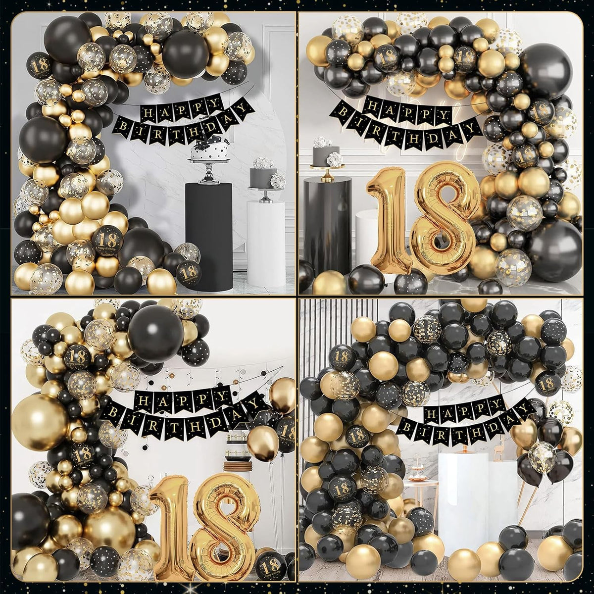 Set Baloane Aniversare Majorat 18 Ani, Cifre Gigant 1 si 8 din Folie, Baloane Latex, Umflare Aer sau Heliu, Pai Inclus, Negru si Auriu