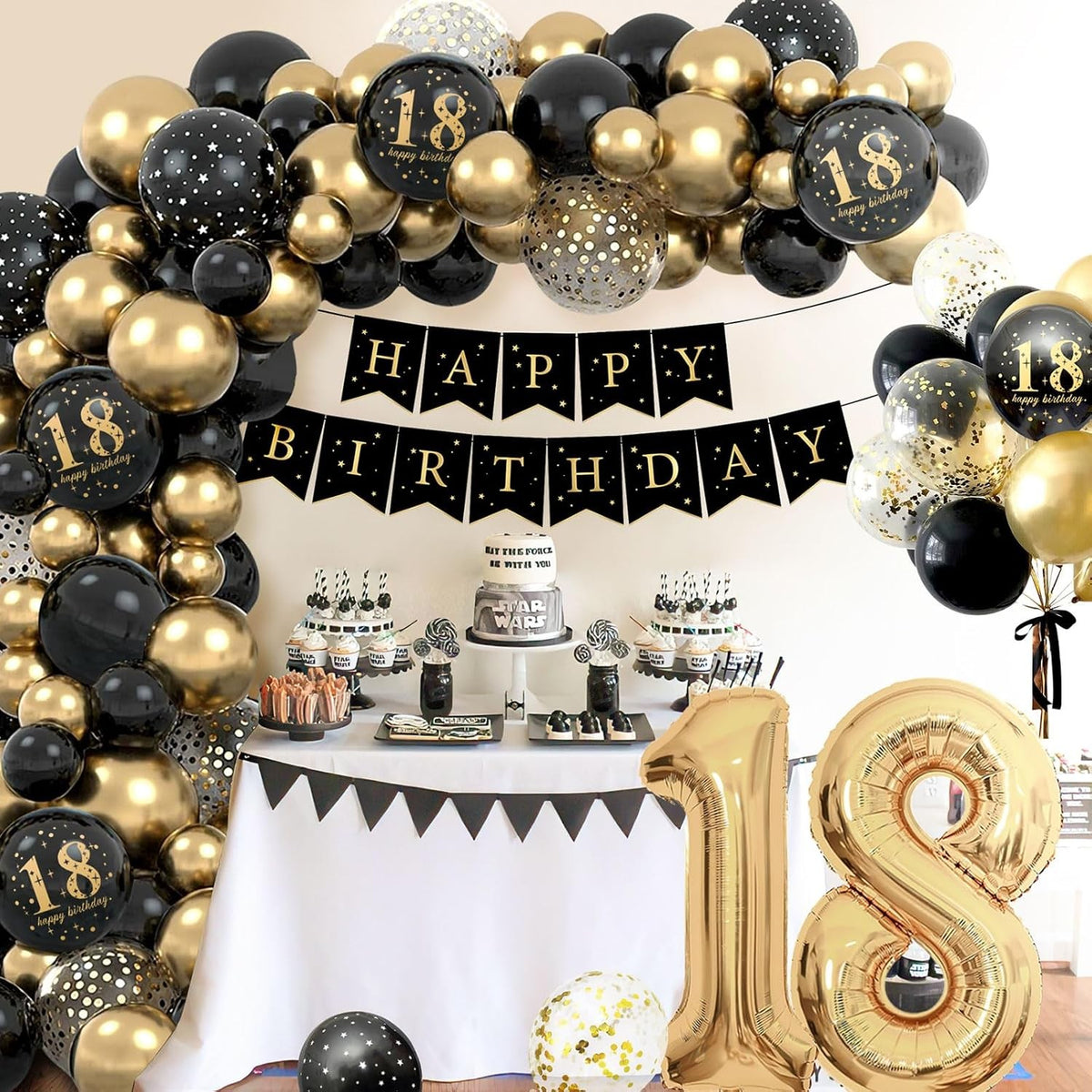 Set Baloane Aniversare Majorat 18 Ani, Cifre Gigant 1 si 8 din Folie, Baloane Latex, Umflare Aer sau Heliu, Pai Inclus, Negru si Auriu